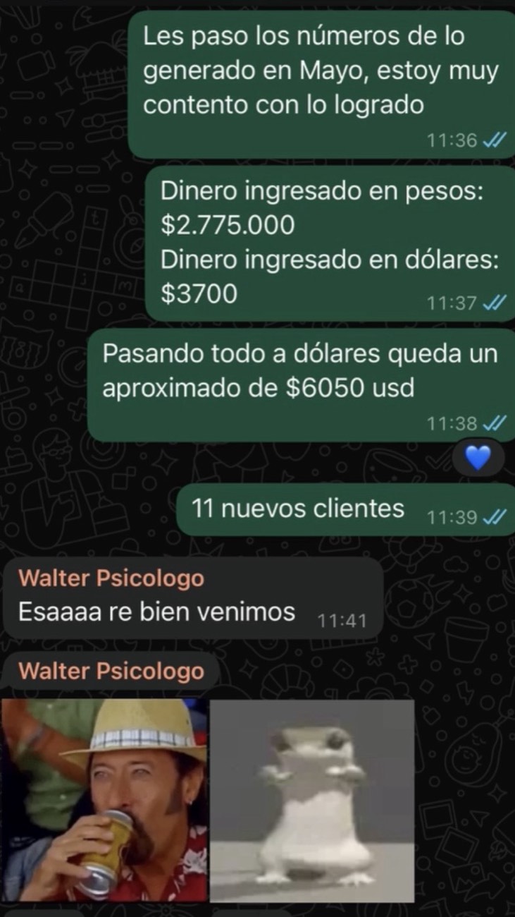 Captura de WhatsApp: USD 6.050 en un mes y 11 clientes nuevos