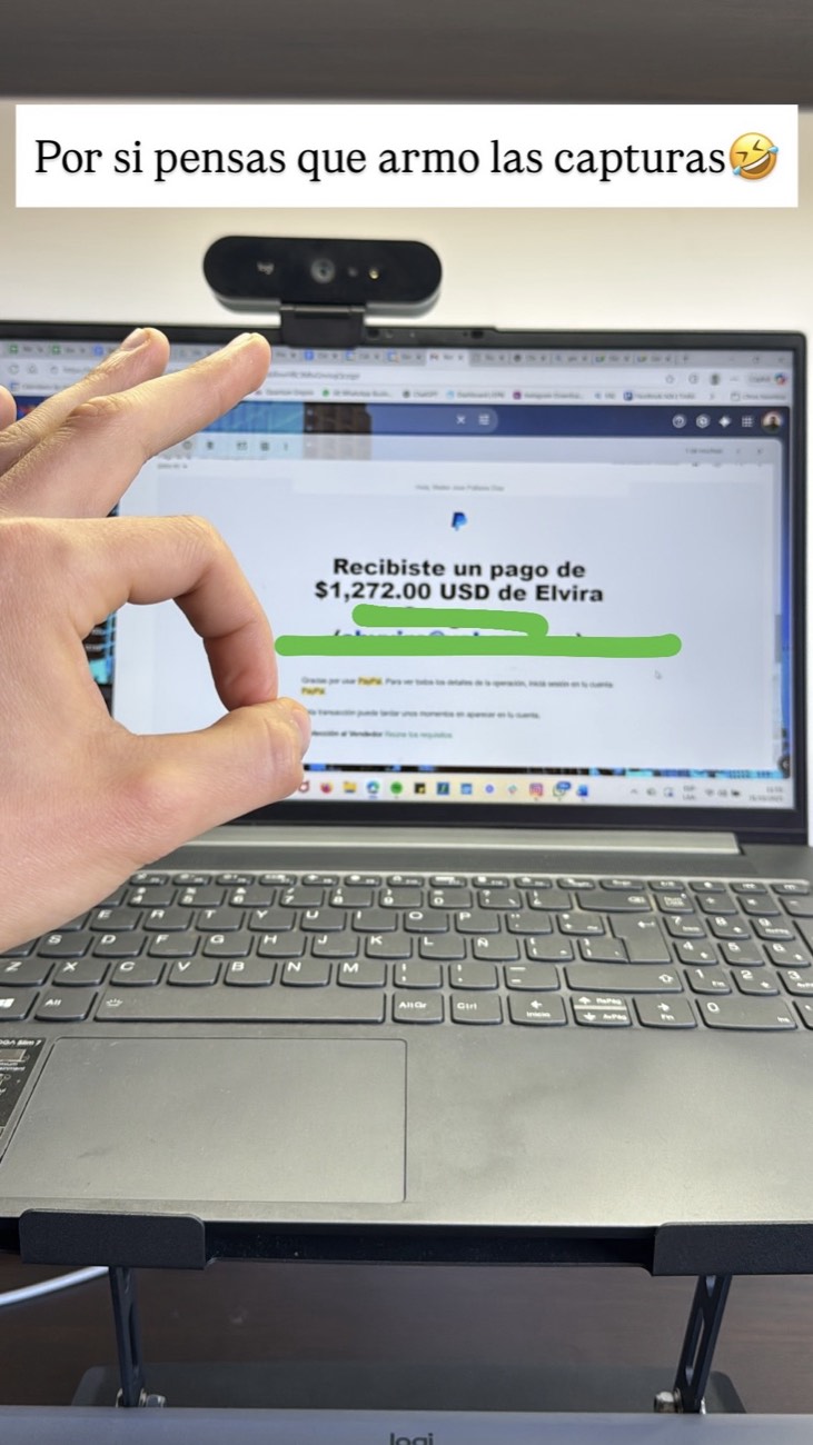 Captura de WhatsApp: Pago real de USD 1.272 recibido por PayPal